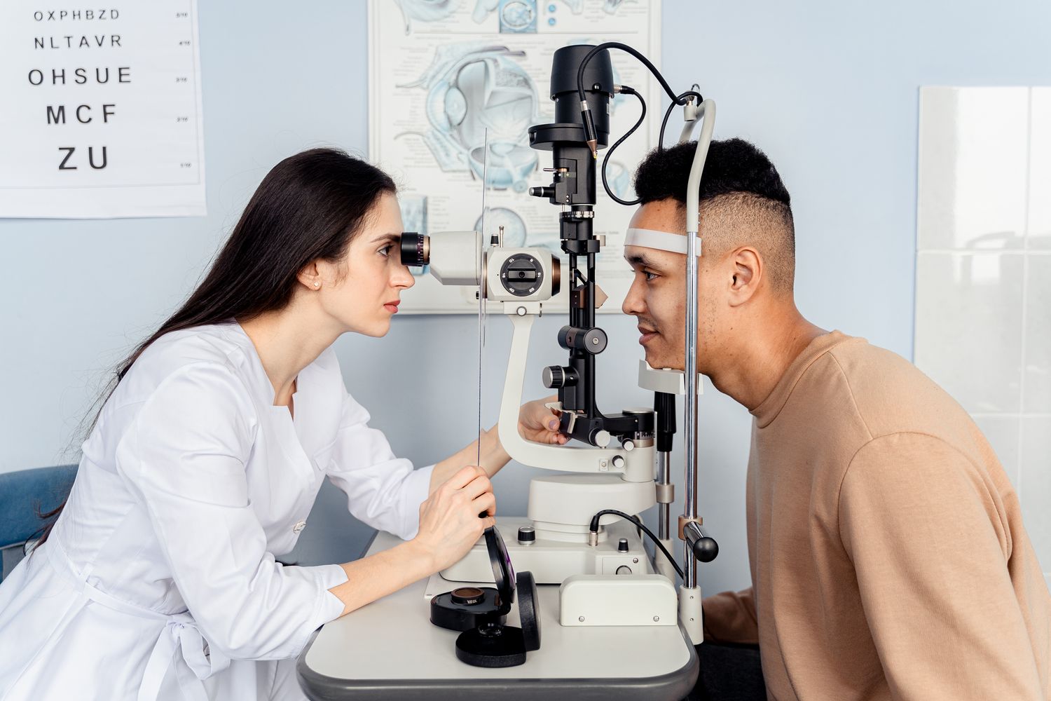 Optometrist and patient during an unhurried eye examination